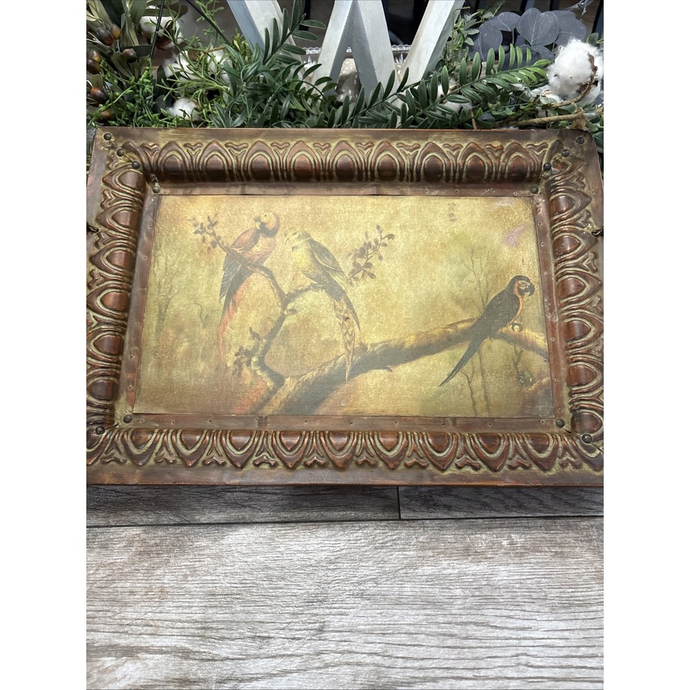 Antique Chinoiserie Wood And Metal Parrott Serving Tray 24 Inches